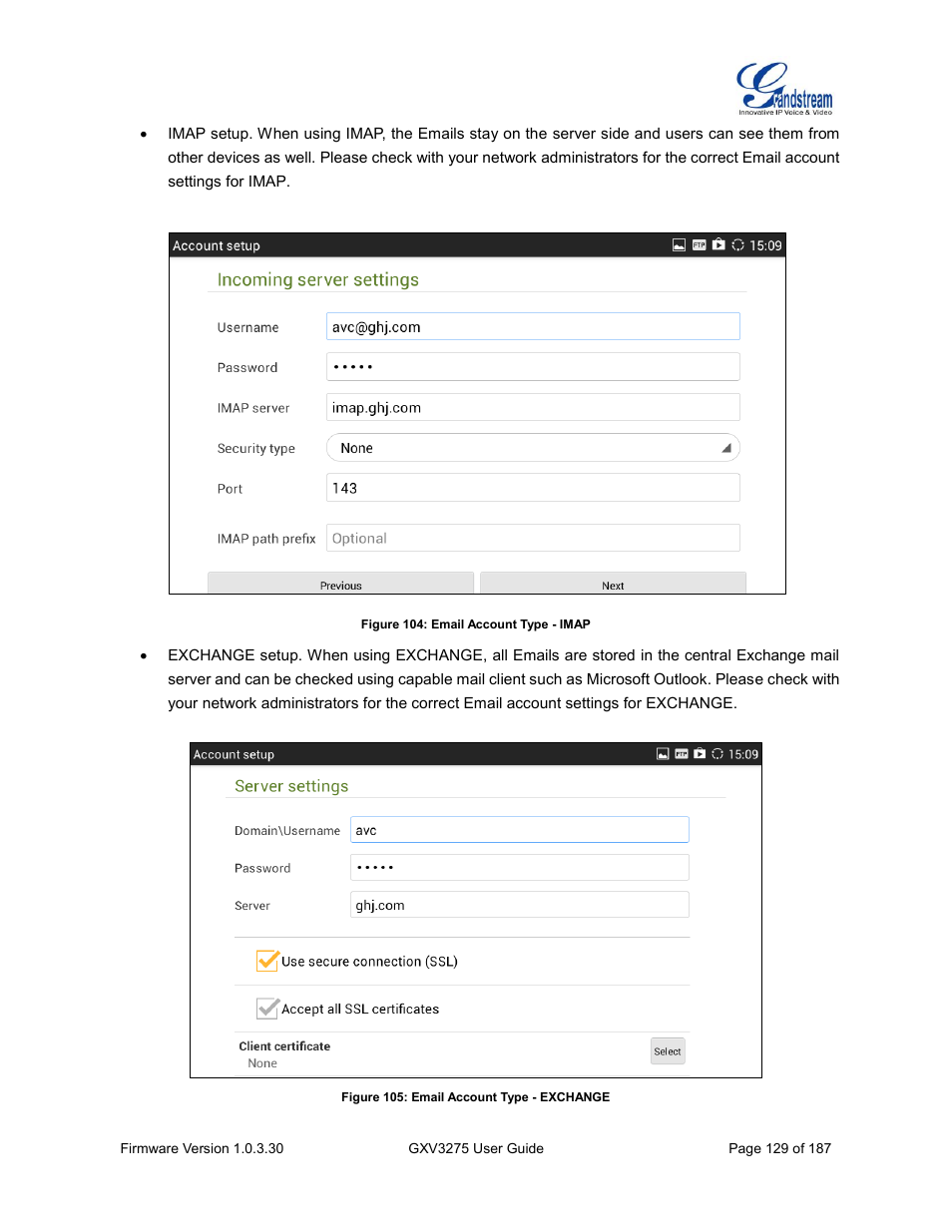 Figure 104: email account type - imap, Figure 105: email account type - exchange | Grandstream GXV3275 User Guide User Manual | Page 131 / 189