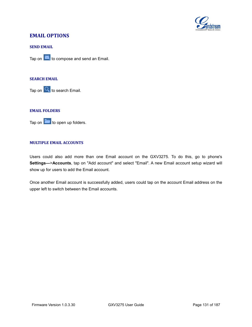 Email options, Send email, Search email | Email folders, Multiple email accounts | Grandstream GXV3275 User Guide User Manual | Page 133 / 189