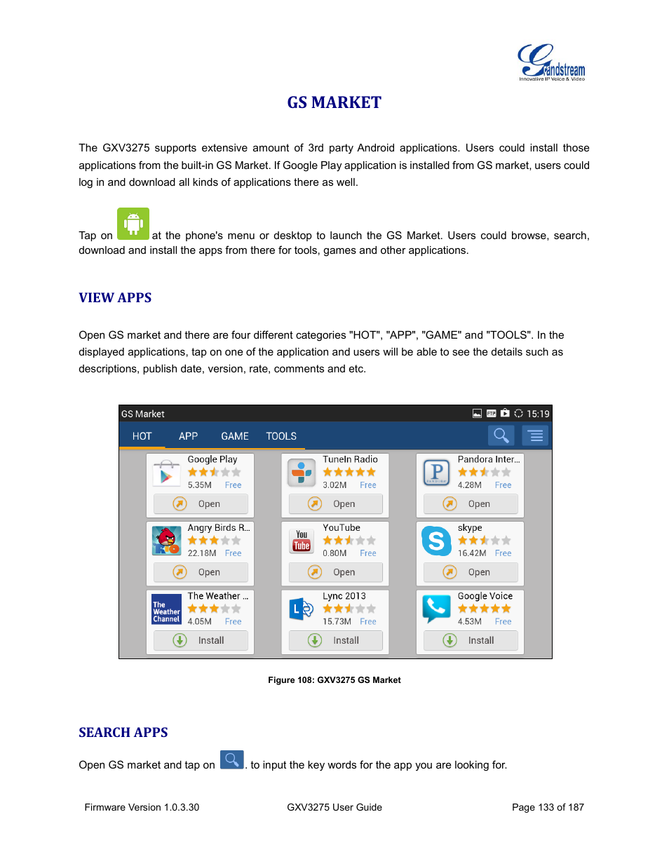 Gs market, View apps, Search apps | Figure 108: gxv3275 gs market | Grandstream GXV3275 User Guide User Manual | Page 135 / 189