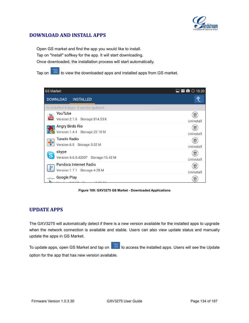 Download and install apps, Update apps | Grandstream GXV3275 User Guide User Manual | Page 136 / 189