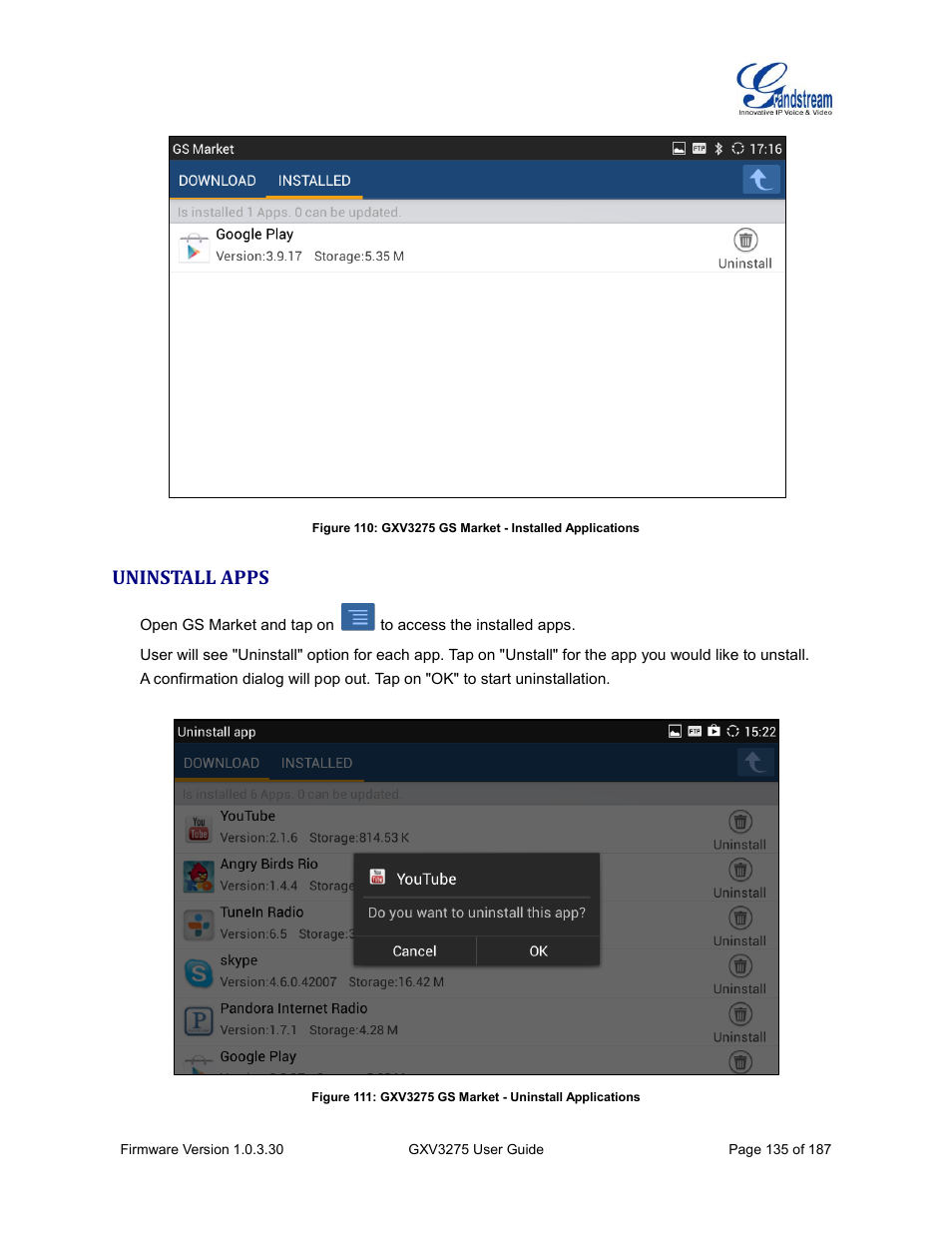 Uninstall apps | Grandstream GXV3275 User Guide User Manual | Page 137 / 189