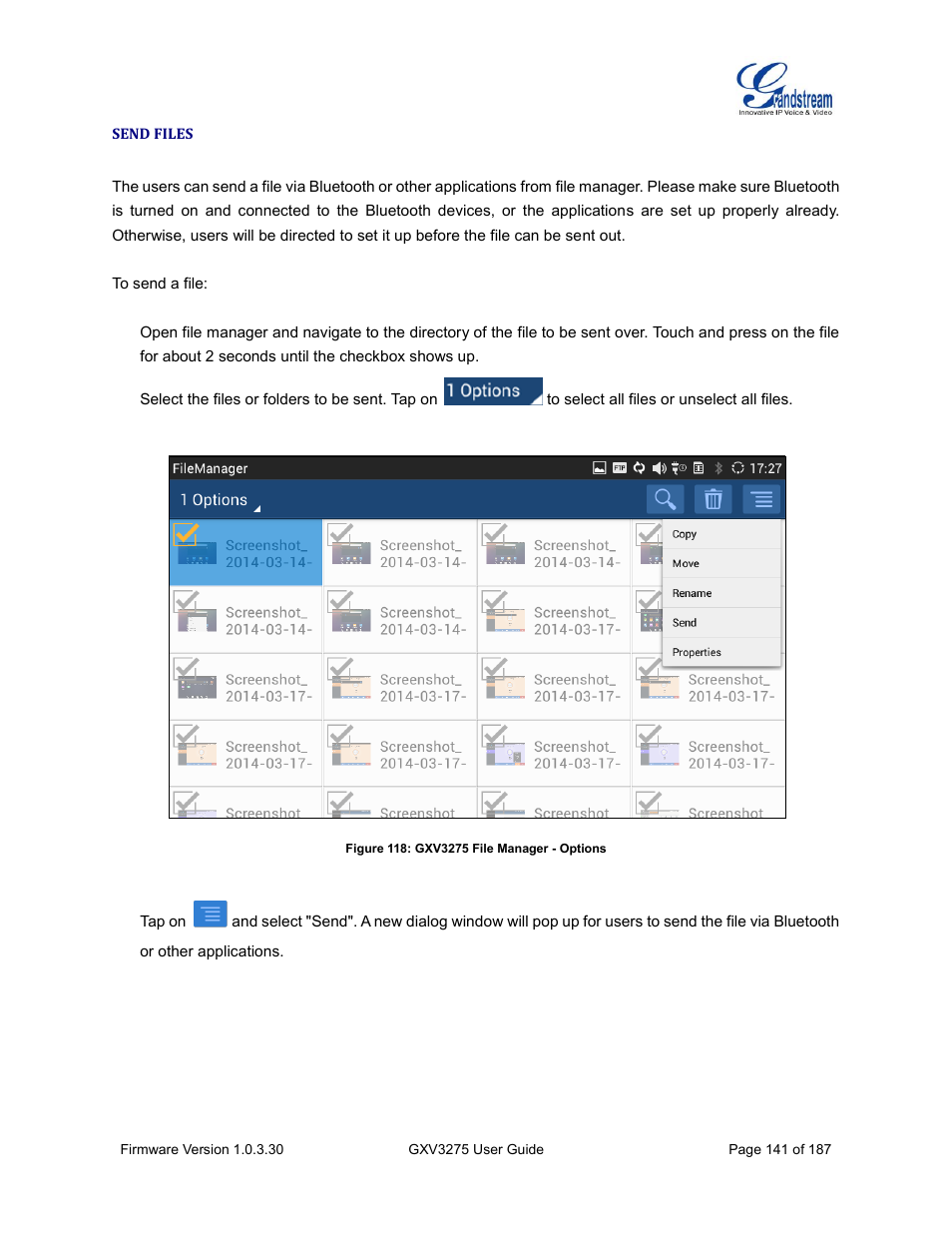 Send files, Figure 118: gxv3275 file manager - options | Grandstream GXV3275 User Guide User Manual | Page 143 / 189