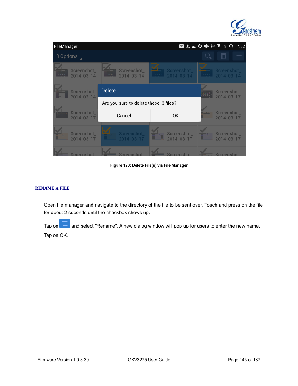 Rename a file, Figure 120: delete file(s) via file manager | Grandstream GXV3275 User Guide User Manual | Page 145 / 189