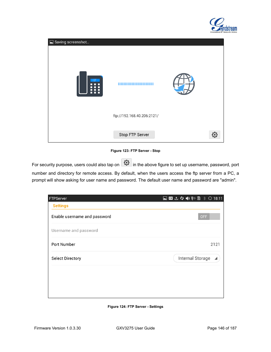 Figure 123: ftp server - stop, Figure 124: ftp server - settings | Grandstream GXV3275 User Guide User Manual | Page 148 / 189