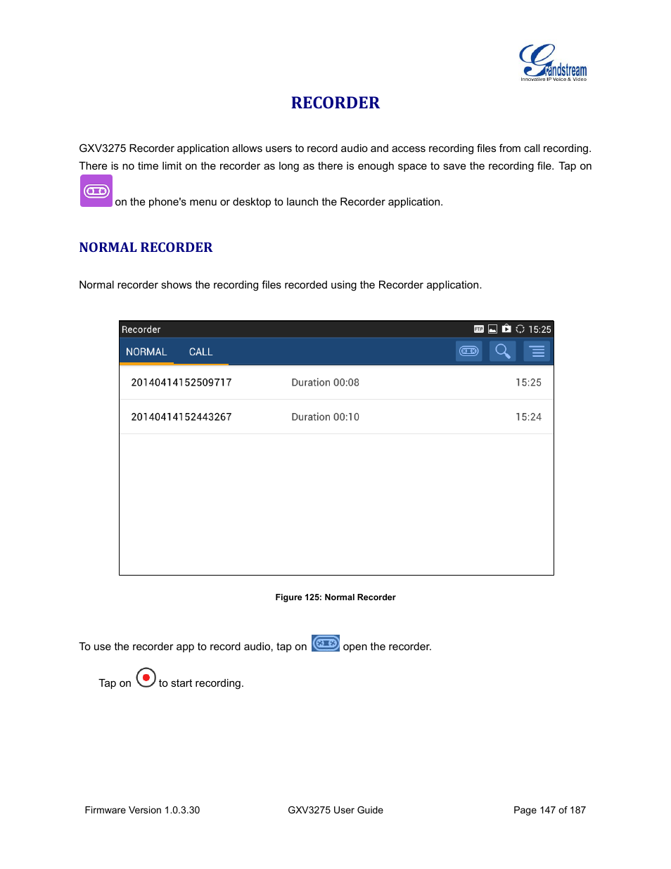 Recorder, Normal recorder, Figure 125: normal recorder | Grandstream GXV3275 User Guide User Manual | Page 149 / 189