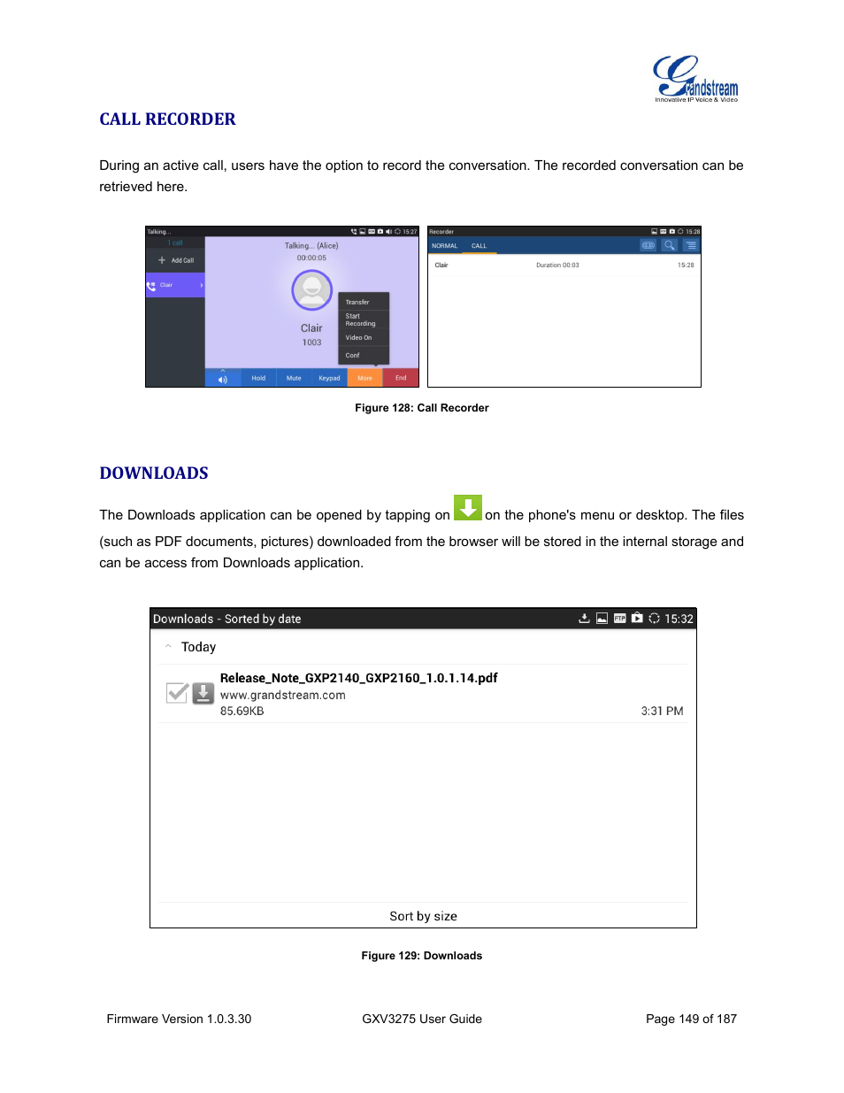 Call recorder, Downloads, Figure 128: call recorder | Figure 129: downloads | Grandstream GXV3275 User Guide User Manual | Page 151 / 189