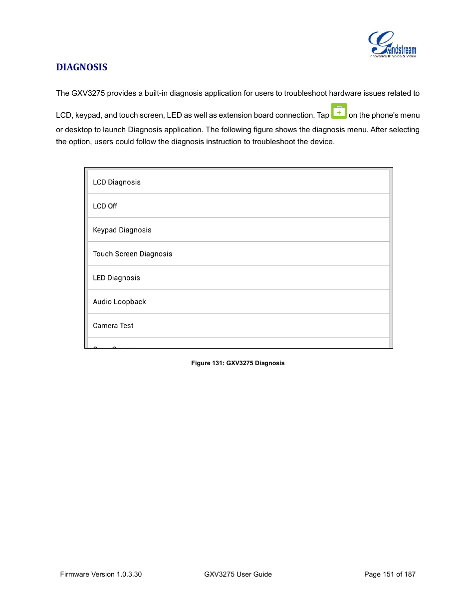 Diagnosis, Figure 131: gxv3275 diagnosis | Grandstream GXV3275 User Guide User Manual | Page 153 / 189