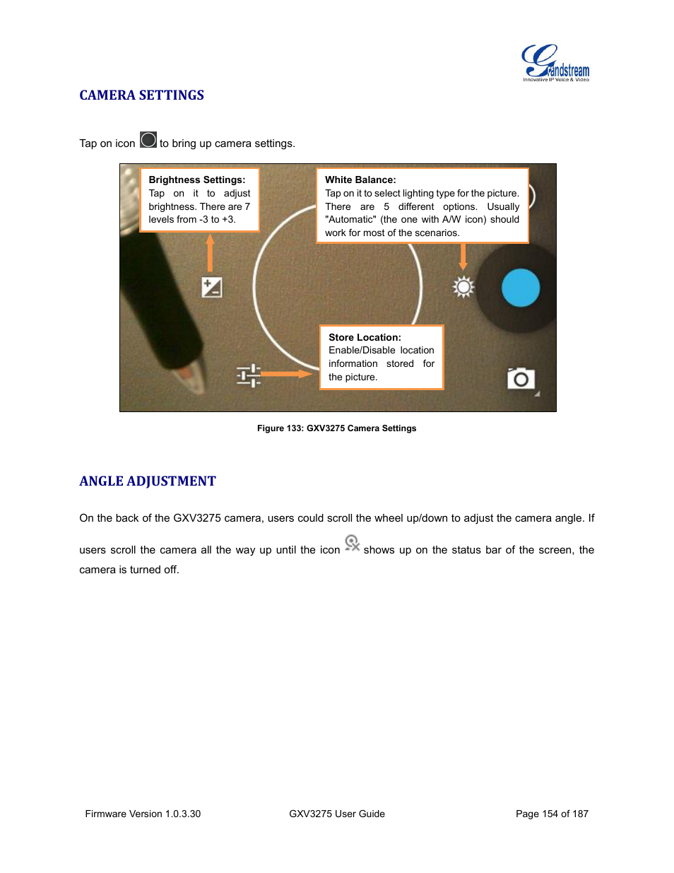 Camera settings, Angle adjustment, Figure 133: gxv3275 camera settings | Grandstream GXV3275 User Guide User Manual | Page 156 / 189