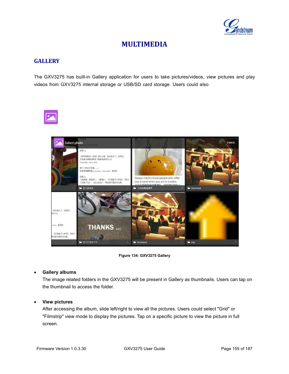 Multimedia, Gallery, Figure 134: gxv3275 gallery | Grandstream GXV3275 User Guide User Manual | Page 157 / 189