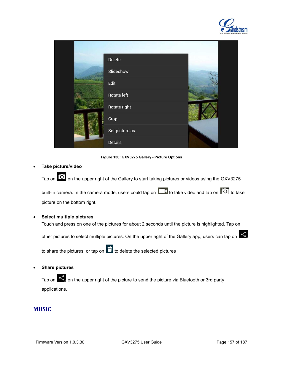 Music, Figure 136: gxv3275 gallery - picture options | Grandstream GXV3275 User Guide User Manual | Page 159 / 189