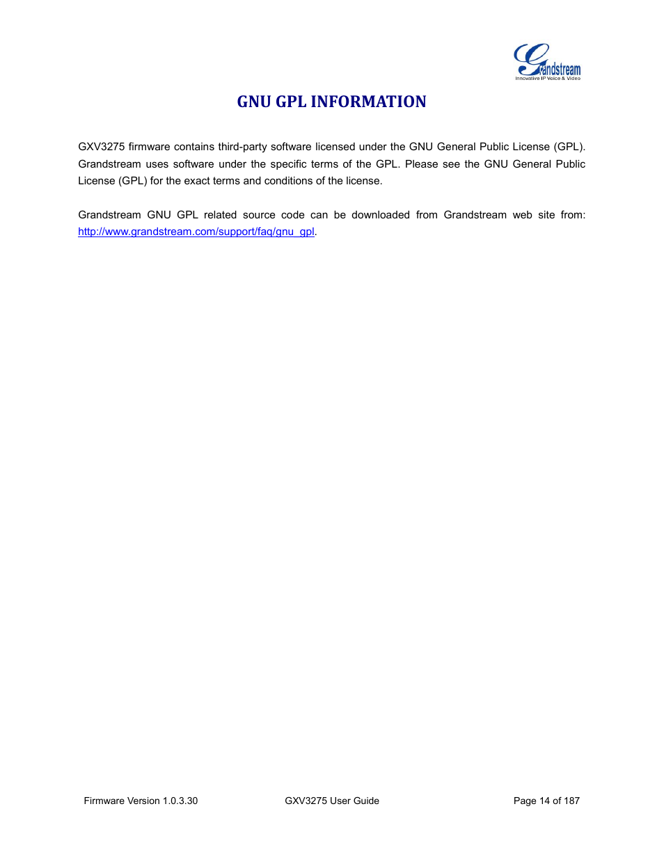 Gnu gpl information | Grandstream GXV3275 User Guide User Manual | Page 16 / 189