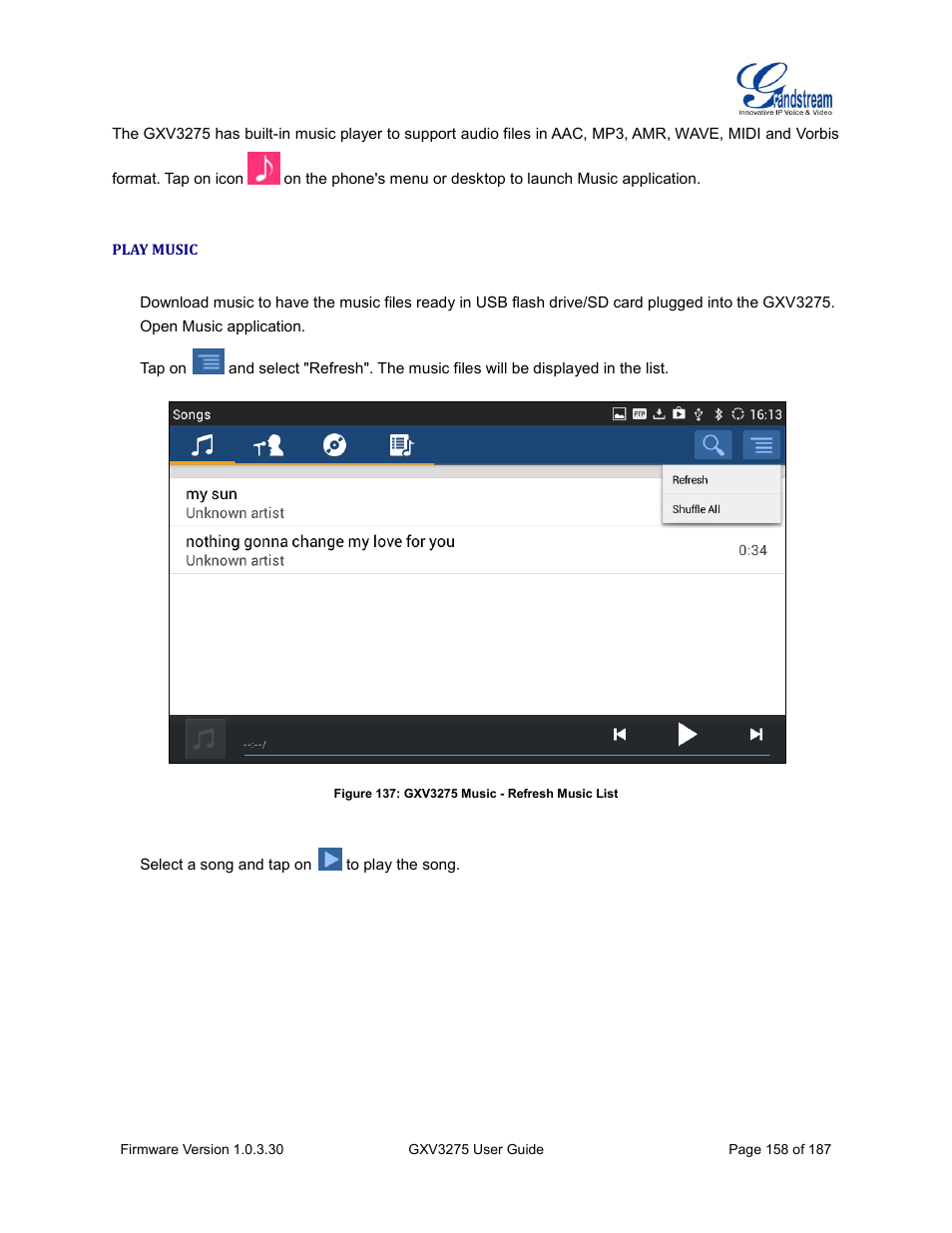 Play music, Figure 137: gxv3275 music - refresh music list | Grandstream GXV3275 User Guide User Manual | Page 160 / 189