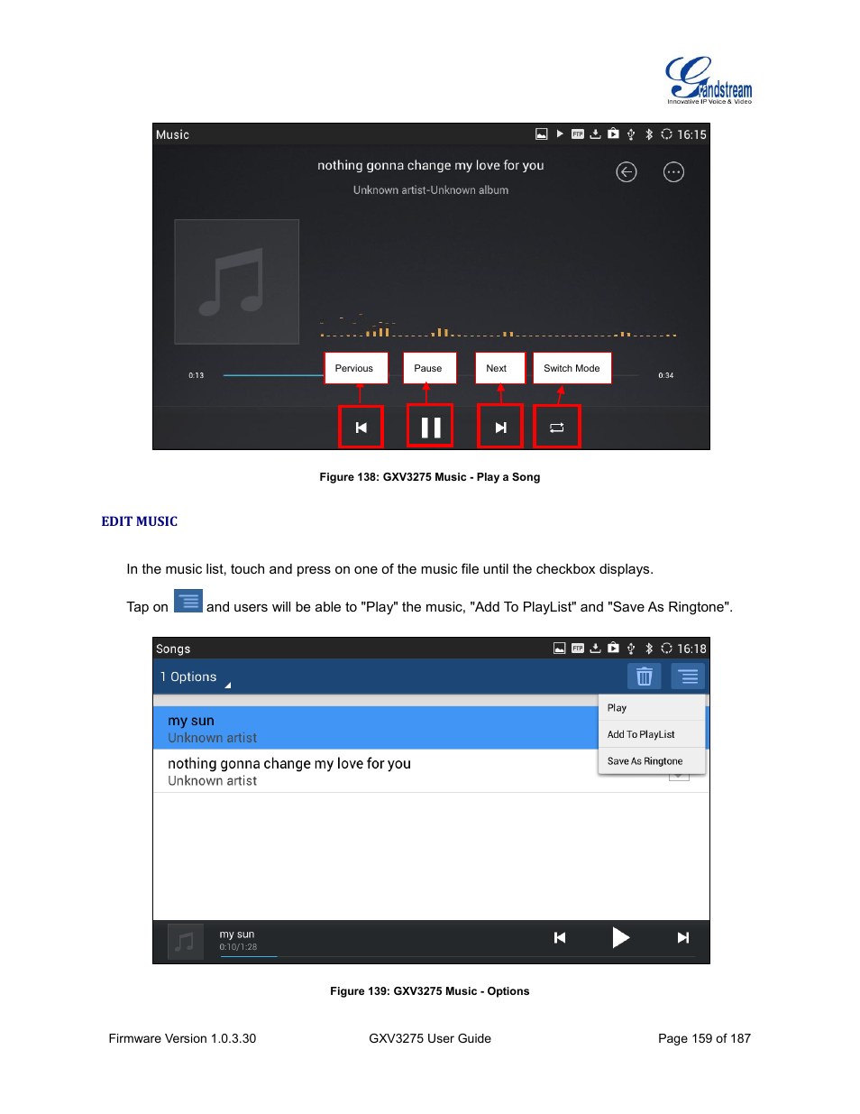 Edit music, Figure 138: gxv3275 music - play a song, Figure 139: gxv3275 music - options | Grandstream GXV3275 User Guide User Manual | Page 161 / 189