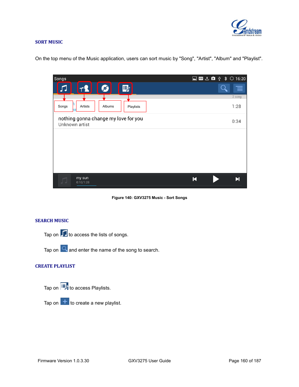 Sort music, Search music, Create playlist | Figure 140: gxv3275 music - sort songs | Grandstream GXV3275 User Guide User Manual | Page 162 / 189