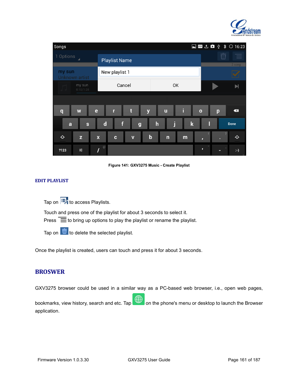 Edit playlist, Broswer, Figure 141: gxv3275 music - create playlist | Grandstream GXV3275 User Guide User Manual | Page 163 / 189