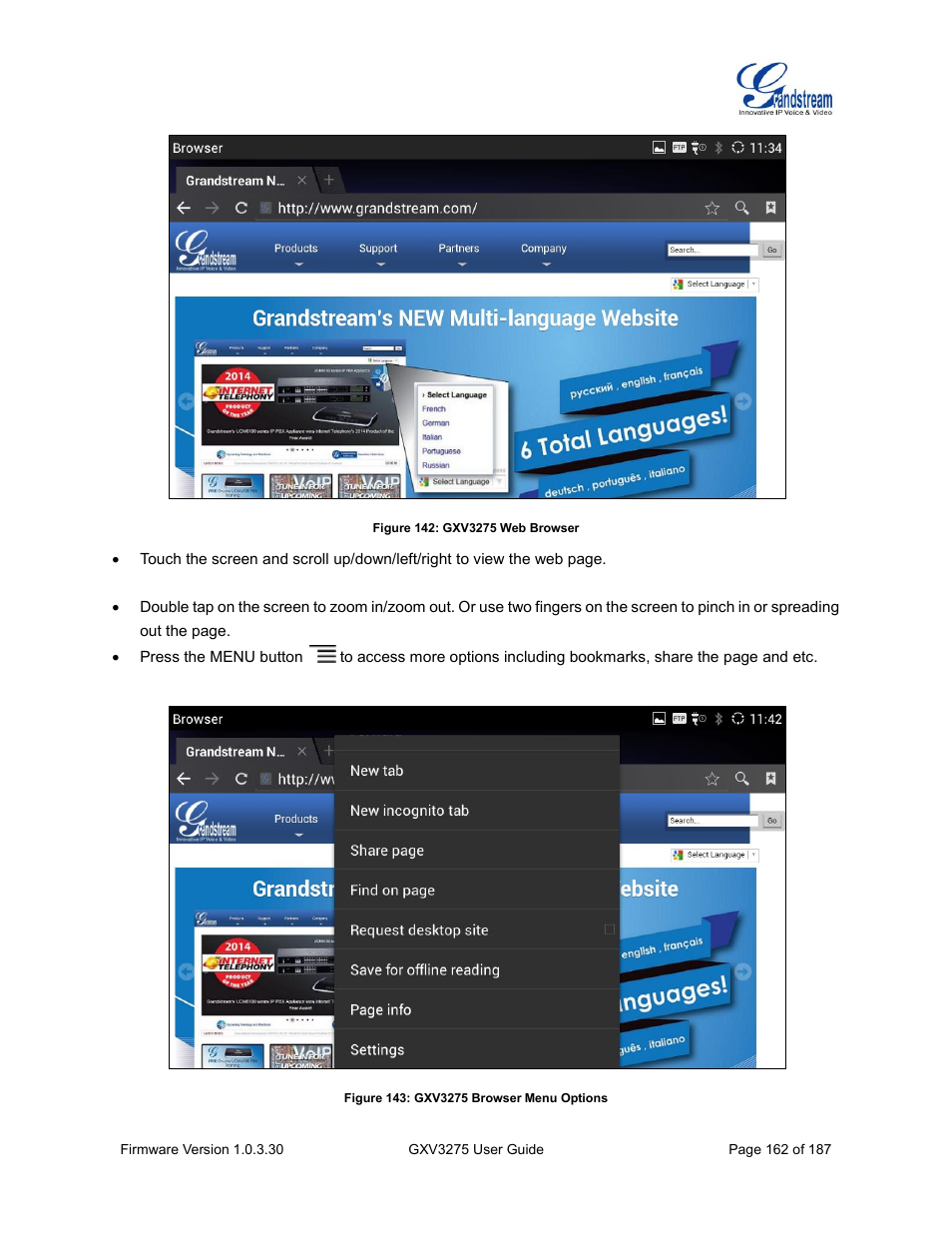 Figure 142: gxv3275 web browser, Figure 143: gxv3275 browser menu options | Grandstream GXV3275 User Guide User Manual | Page 164 / 189