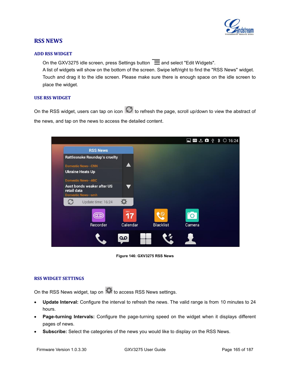Rss news, Add rss widget, Use rss widget | Rss widget settings, Figure 146: gxv3275 rss news | Grandstream GXV3275 User Guide User Manual | Page 167 / 189