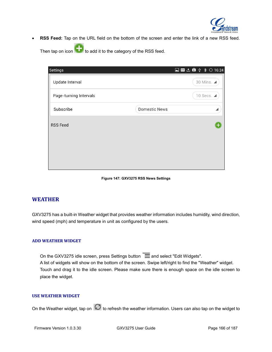 Weather, Add weather widget, Use weather widget | Figure 147: gxv3275 rss news settings | Grandstream GXV3275 User Guide User Manual | Page 168 / 189