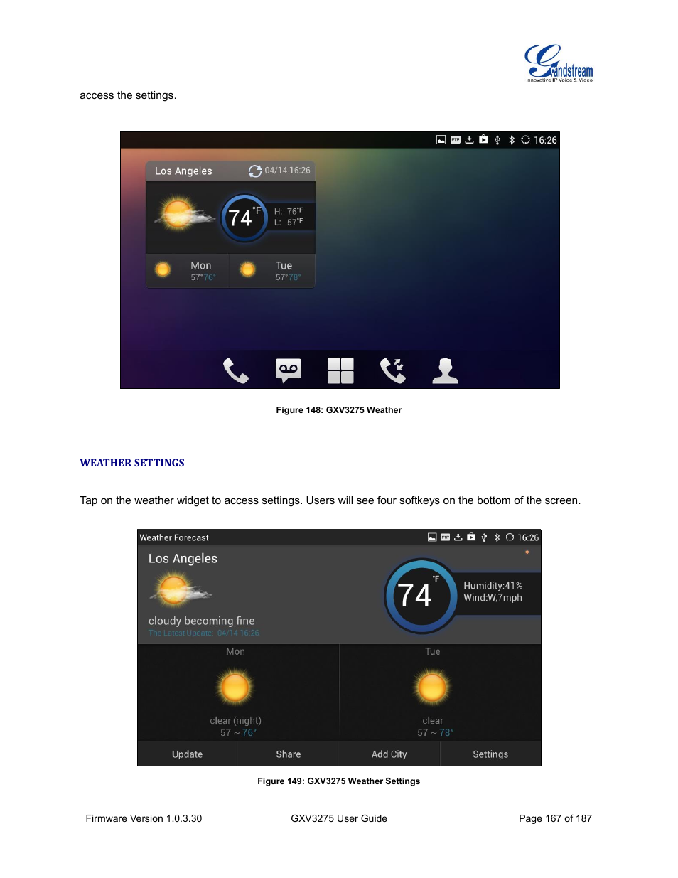 Weather settings, Figure 148: gxv3275 weather, Figure 149: gxv3275 weather settings | Grandstream GXV3275 User Guide User Manual | Page 169 / 189