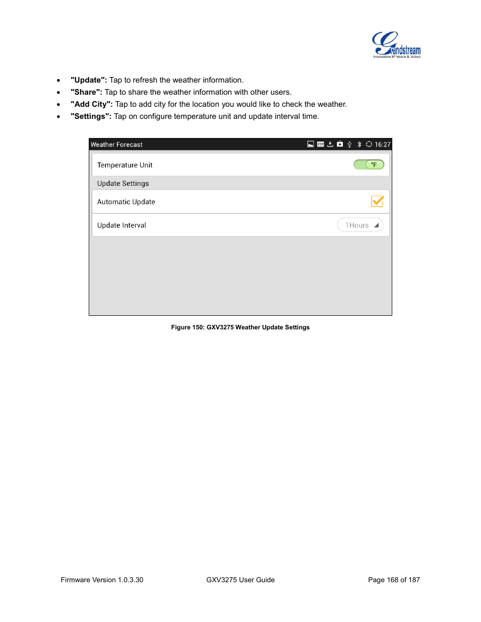 Figure 150: gxv3275 weather update settings | Grandstream GXV3275 User Guide User Manual | Page 170 / 189