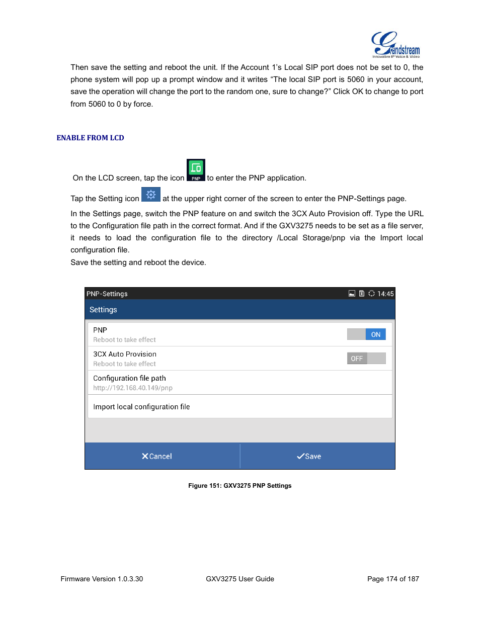 Enable from lcd, Figure 151: gxv3275 pnp settings | Grandstream GXV3275 User Guide User Manual | Page 176 / 189