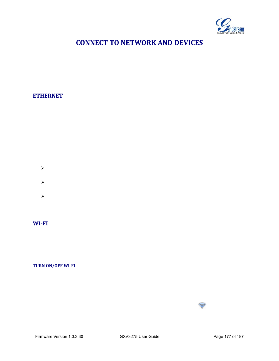 Connect to network and devices, Ethernet, Wi-fi | Turn on/off wi-fi | Grandstream GXV3275 User Guide User Manual | Page 179 / 189