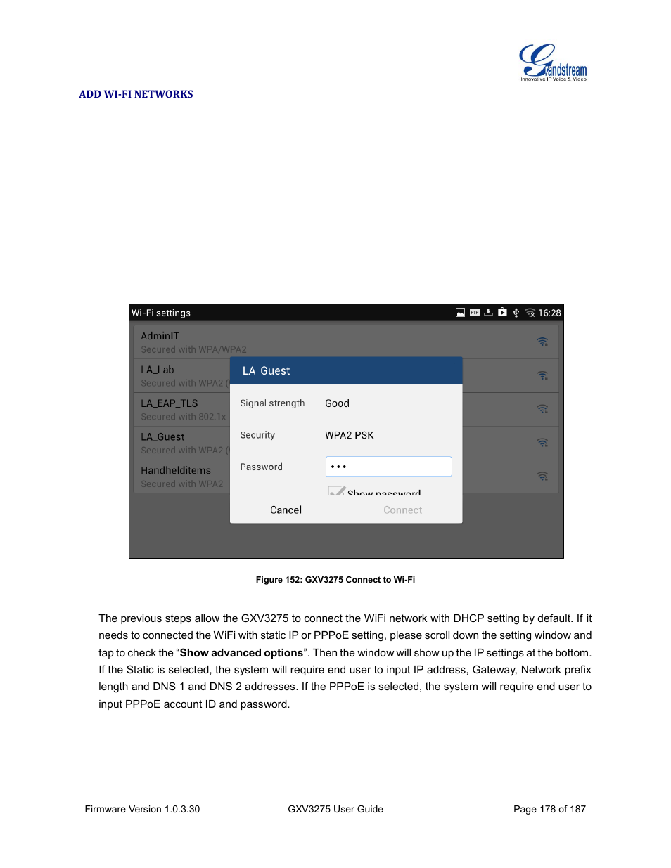 Add wi-fi networks, Figure 152: gxv3275 connect to wi-fi | Grandstream GXV3275 User Guide User Manual | Page 180 / 189