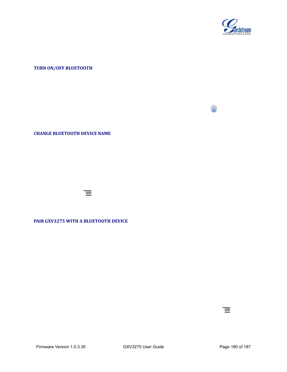 Turn on/off bluetooth, Change bluetooth device name, Pair gxv3275 with a bluetooth device | Grandstream GXV3275 User Guide User Manual | Page 182 / 189