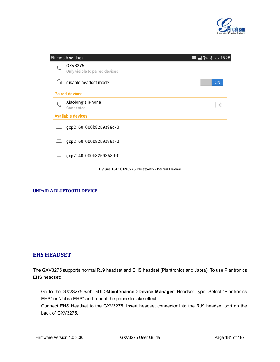 Unpair a bluetooth device, Ehs headset, Figure 154: gxv3275 bluetooth - paired device | Grandstream GXV3275 User Guide User Manual | Page 183 / 189