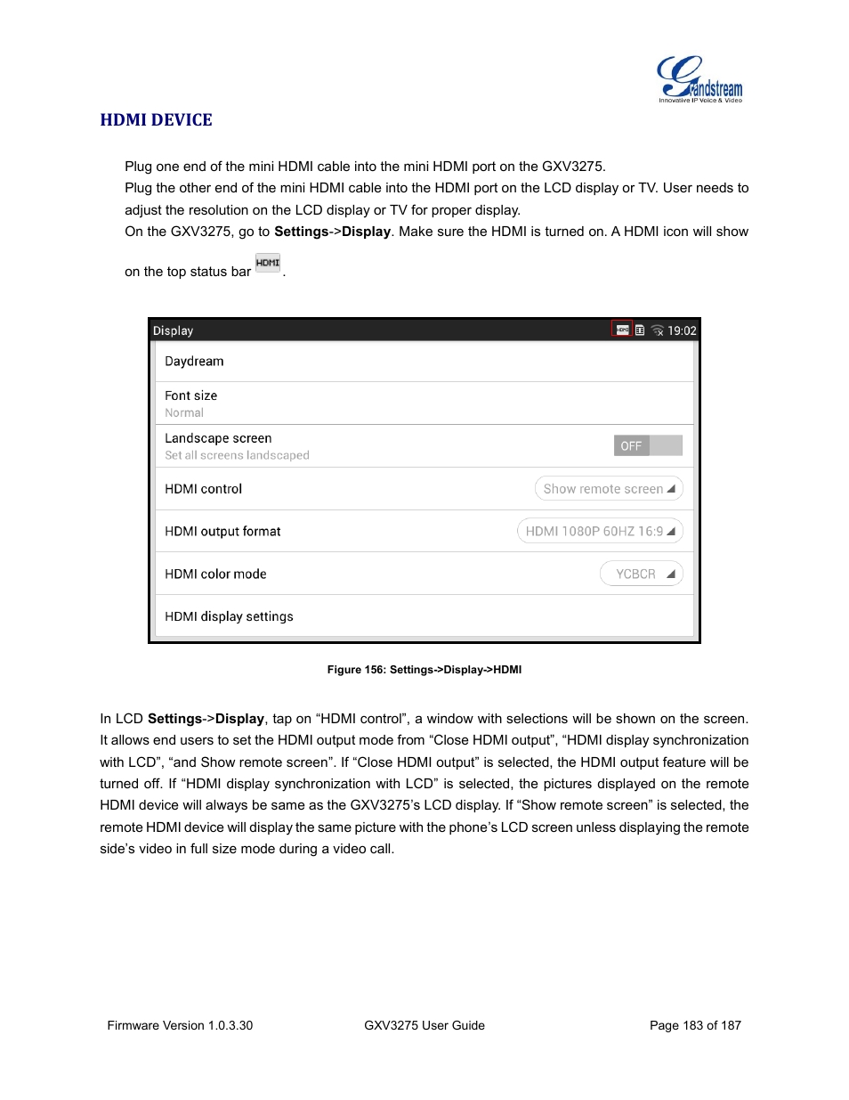 Hdmi device, Figure 156: settings->display->hdmi | Grandstream GXV3275 User Guide User Manual | Page 185 / 189