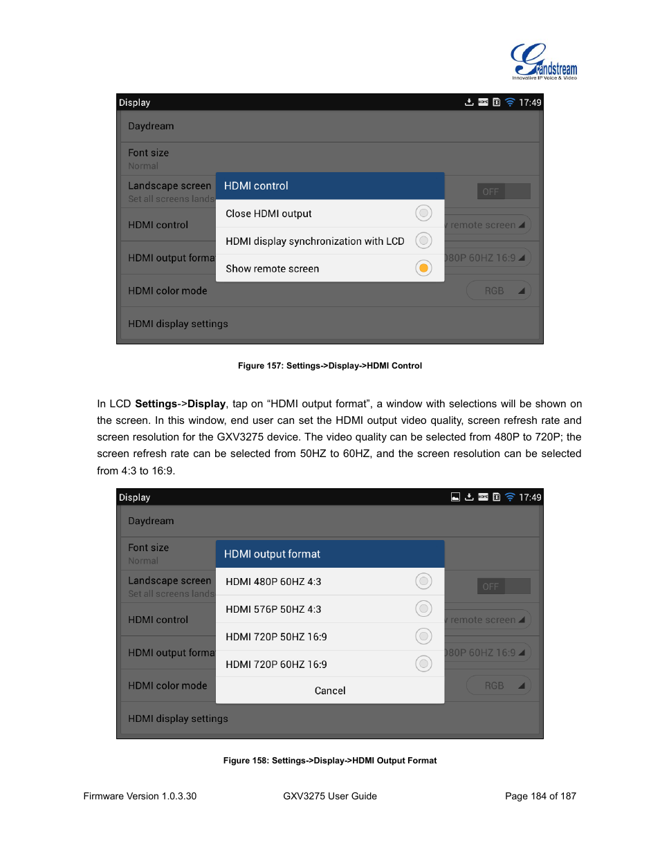 Figure 157: settings->display->hdmi control, Figure 158: settings->display->hdmi output format | Grandstream GXV3275 User Guide User Manual | Page 186 / 189