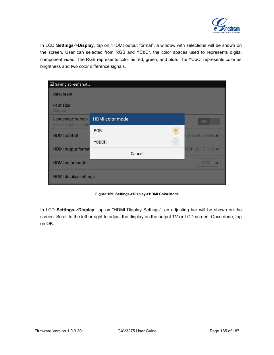 Figure 159: settings->display->hdmi color mode | Grandstream GXV3275 User Guide User Manual | Page 187 / 189