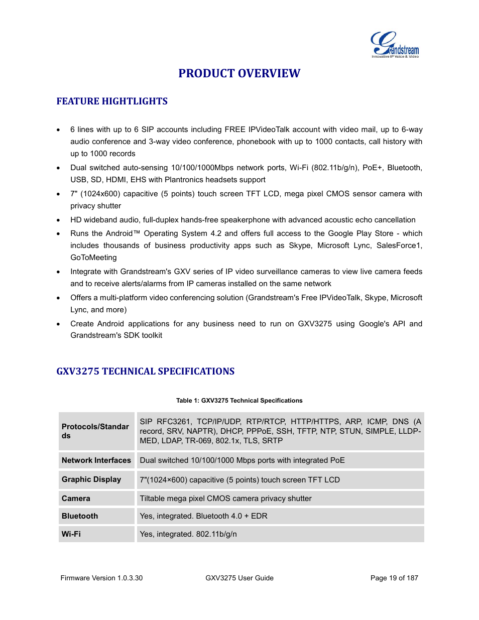 Product overview, Feature hightlights, Gxv3275 technical specifications | Table 1: gxv3275 technical specifications | Grandstream GXV3275 User Guide User Manual | Page 21 / 189