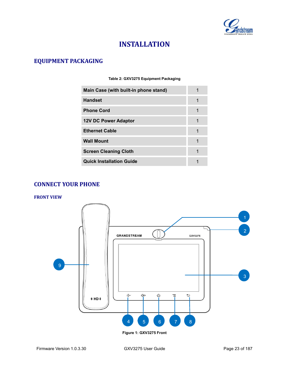 Installation, Equipment packaging, Connect your phone | Front view, Table 2: gxv3275 equipment packaging, Figure 1: gxv3275 front | Grandstream GXV3275 User Guide User Manual | Page 25 / 189