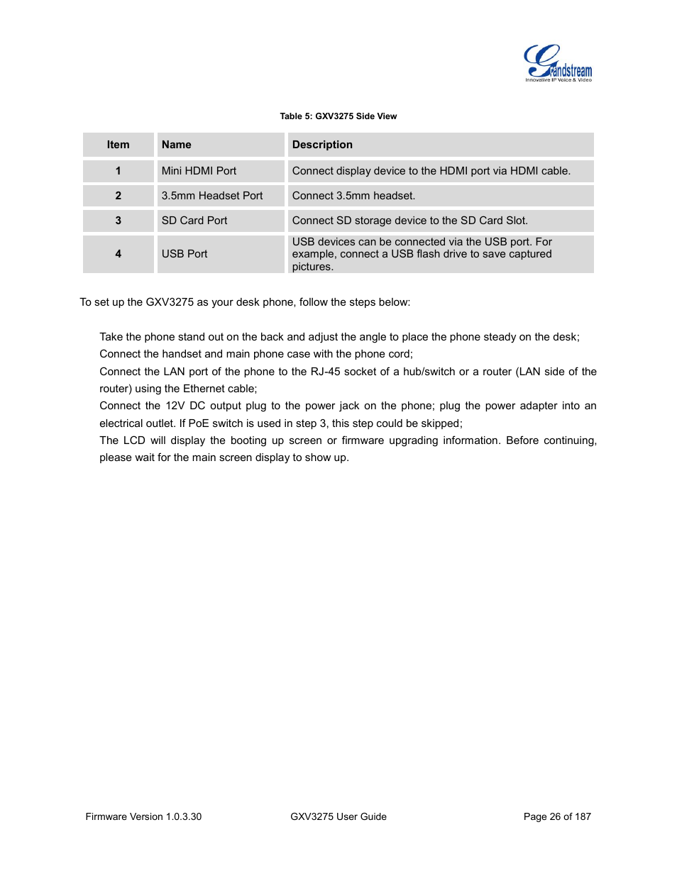Table 5: gxv3275 side view | Grandstream GXV3275 User Guide User Manual | Page 28 / 189