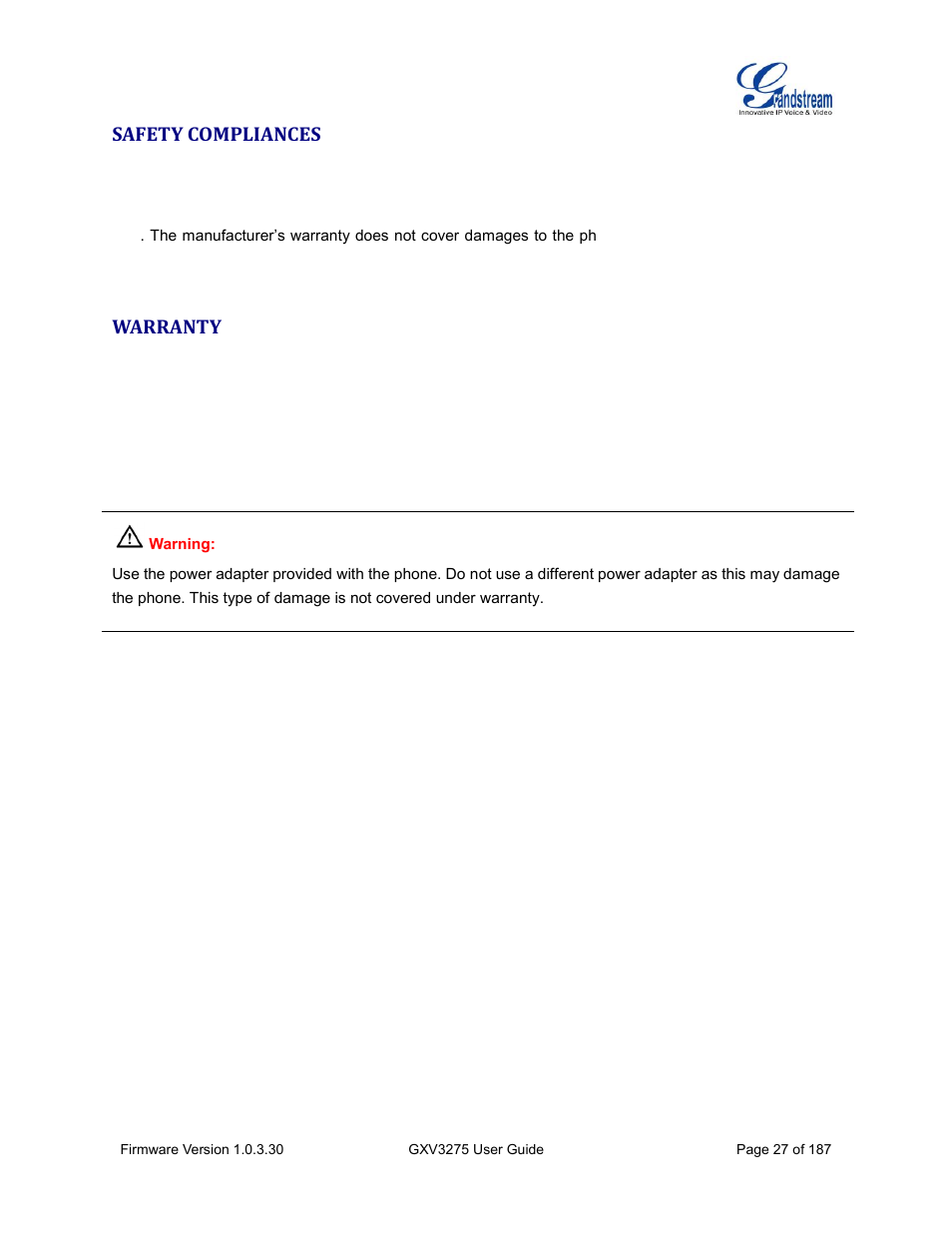 Safety compliances, Warranty | Grandstream GXV3275 User Guide User Manual | Page 29 / 189