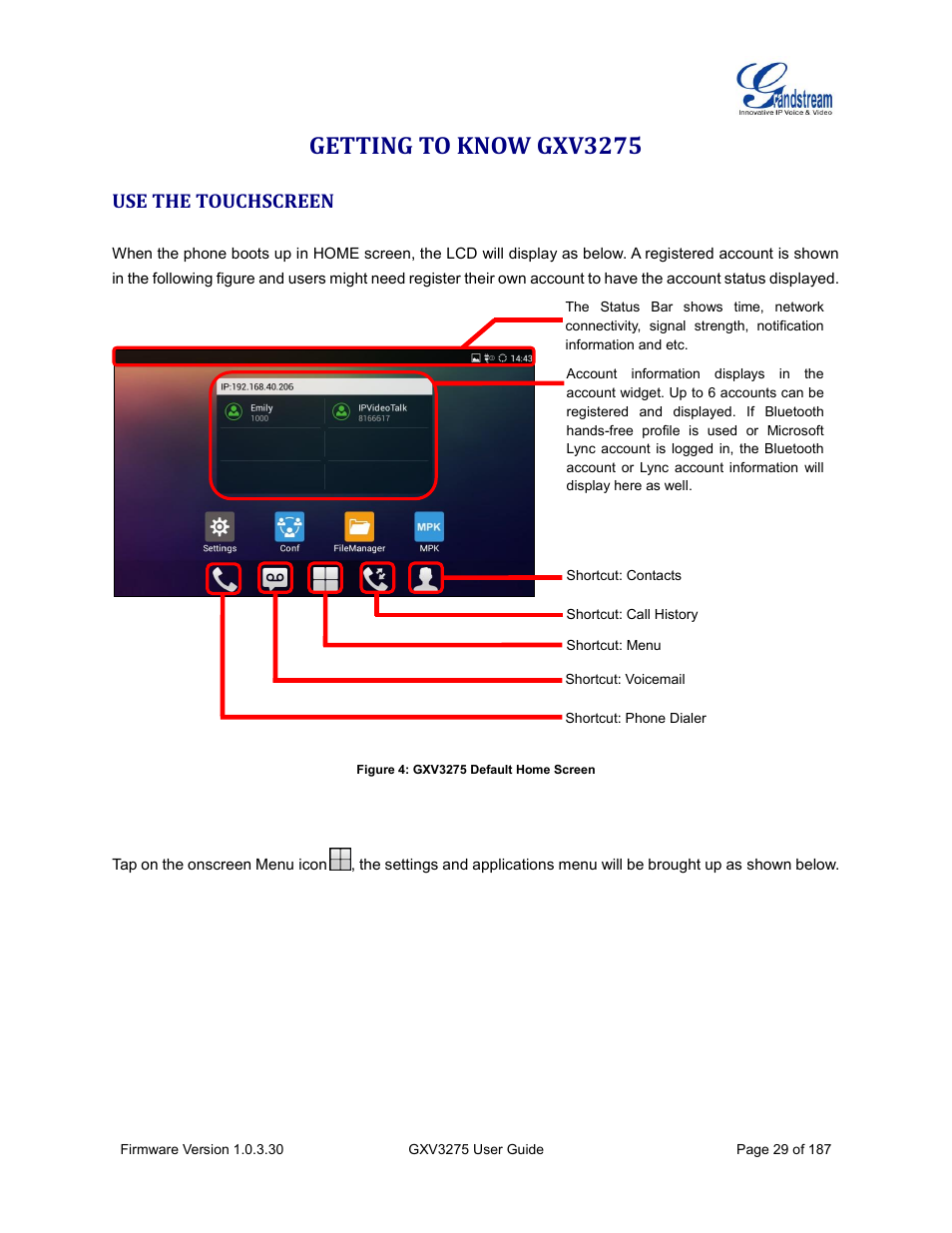 Getting to know gxv3275, Use the touchscreen, Figure 4: gxv3275 default home screen | Grandstream GXV3275 User Guide User Manual | Page 31 / 189