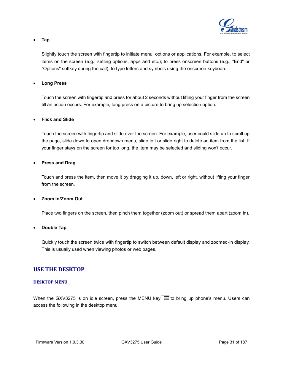 Use the desktop, Desktop menu | Grandstream GXV3275 User Guide User Manual | Page 33 / 189