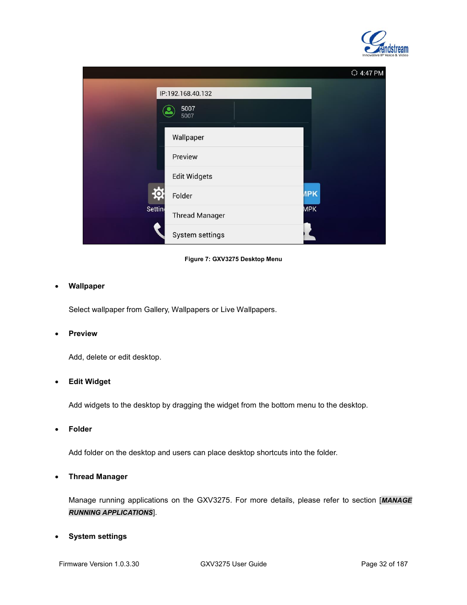 Figure 7: gxv3275 desktop menu | Grandstream GXV3275 User Guide User Manual | Page 34 / 189