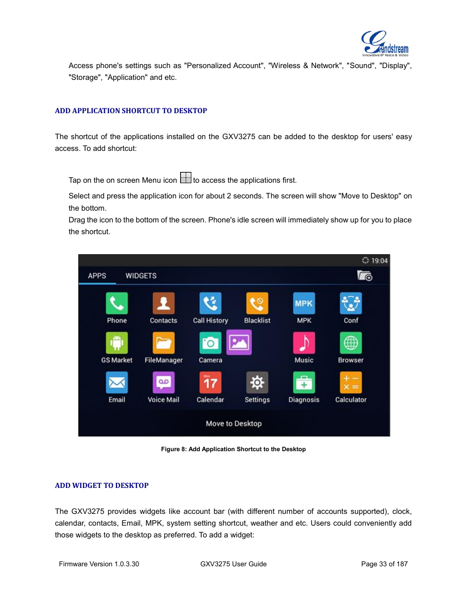 Add application shortcut to desktop, Add widget to desktop, Figure 8: add application shortcut to the desktop | Grandstream GXV3275 User Guide User Manual | Page 35 / 189