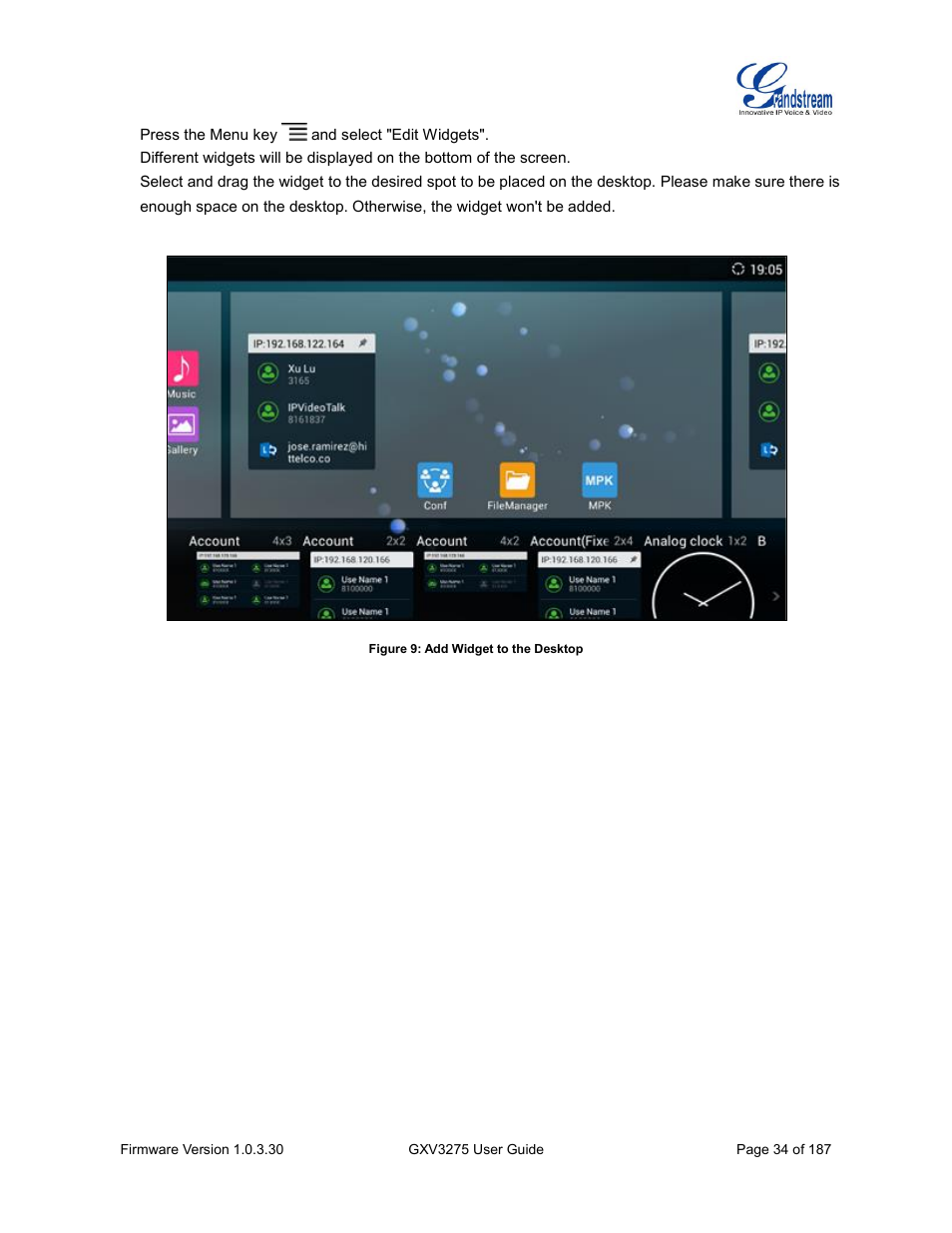 Figure 9: add widget to the desktop | Grandstream GXV3275 User Guide User Manual | Page 36 / 189