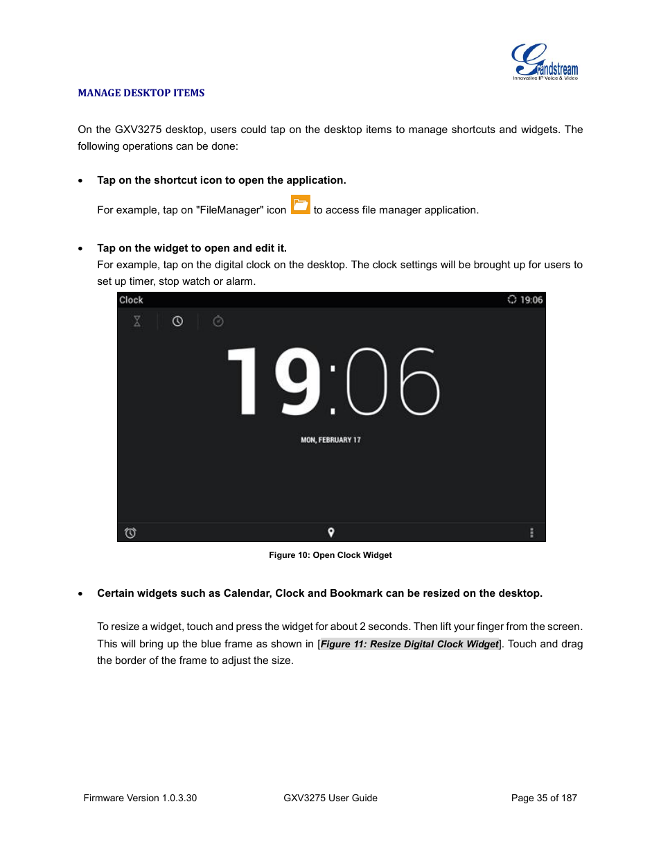 Manage desktop items, Figure 10: open clock widget | Grandstream GXV3275 User Guide User Manual | Page 37 / 189