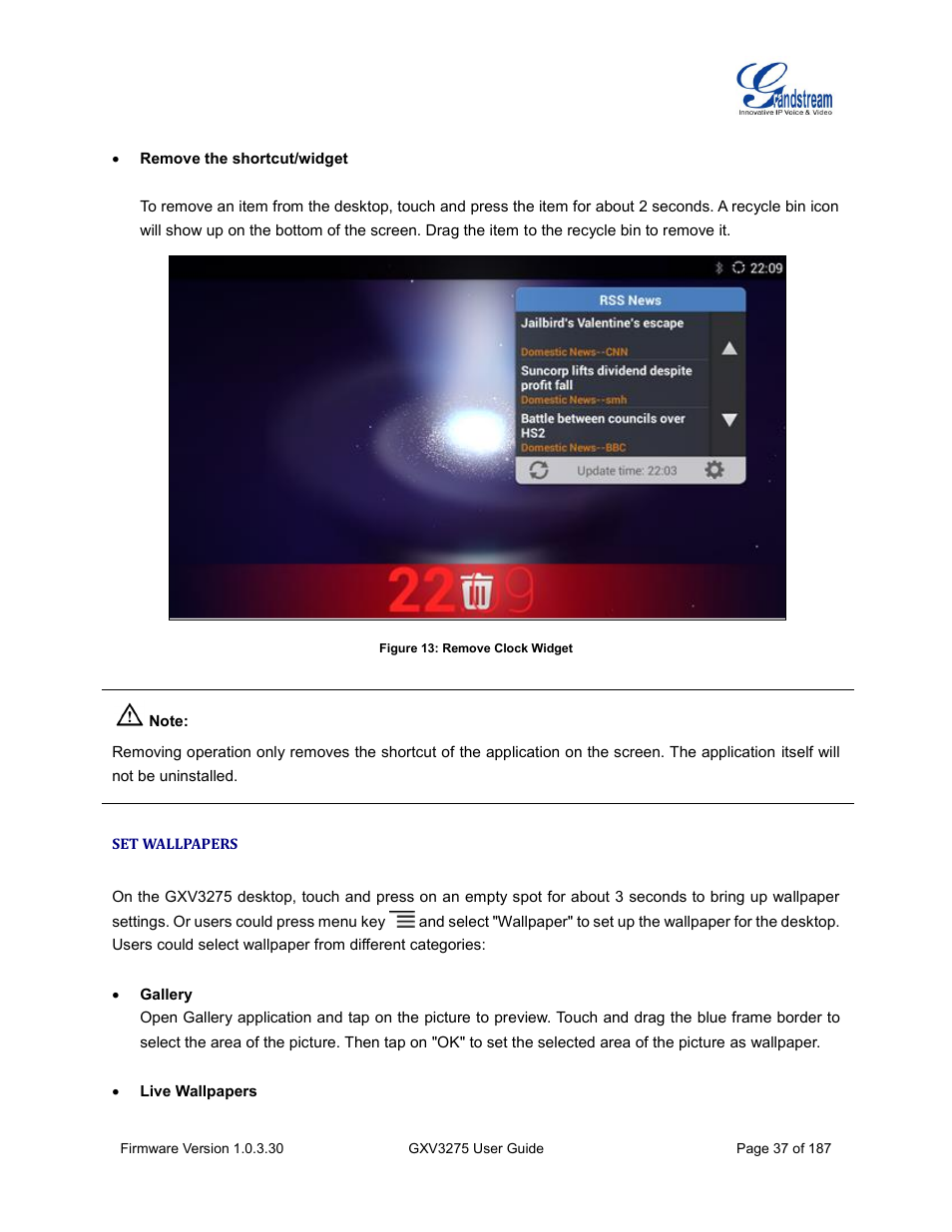 Set wallpapers, Figure 13: remove clock widget | Grandstream GXV3275 User Guide User Manual | Page 39 / 189