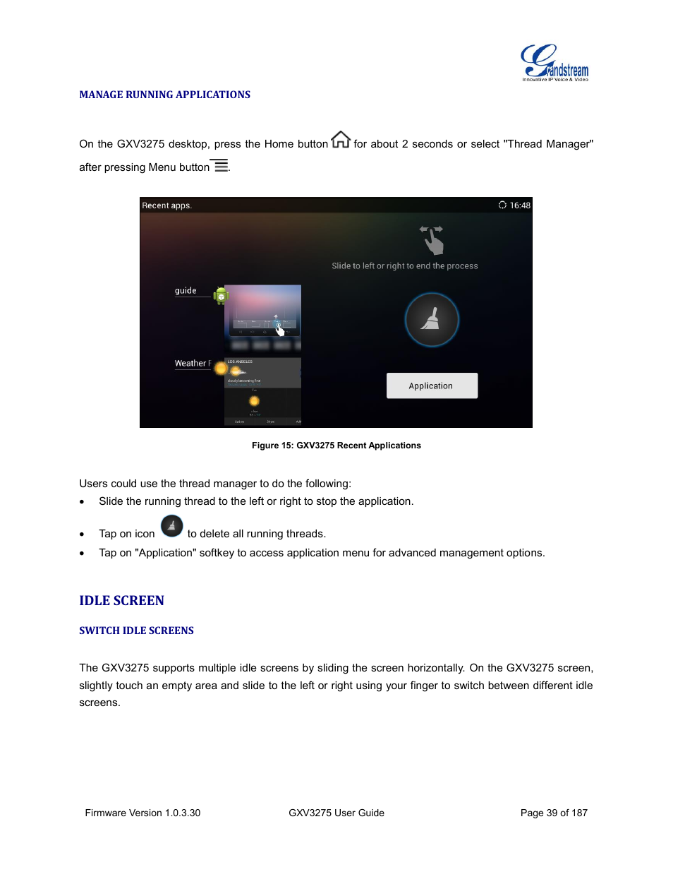 Manage running applications, Idle screen, Switch idle screens | Figure 15: gxv3275 recent applications, Manage, Running applications | Grandstream GXV3275 User Guide User Manual | Page 41 / 189