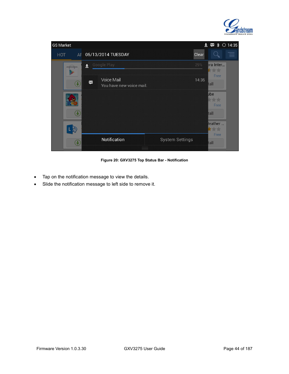 Figure 20: gxv3275 top status bar - notification | Grandstream GXV3275 User Guide User Manual | Page 46 / 189