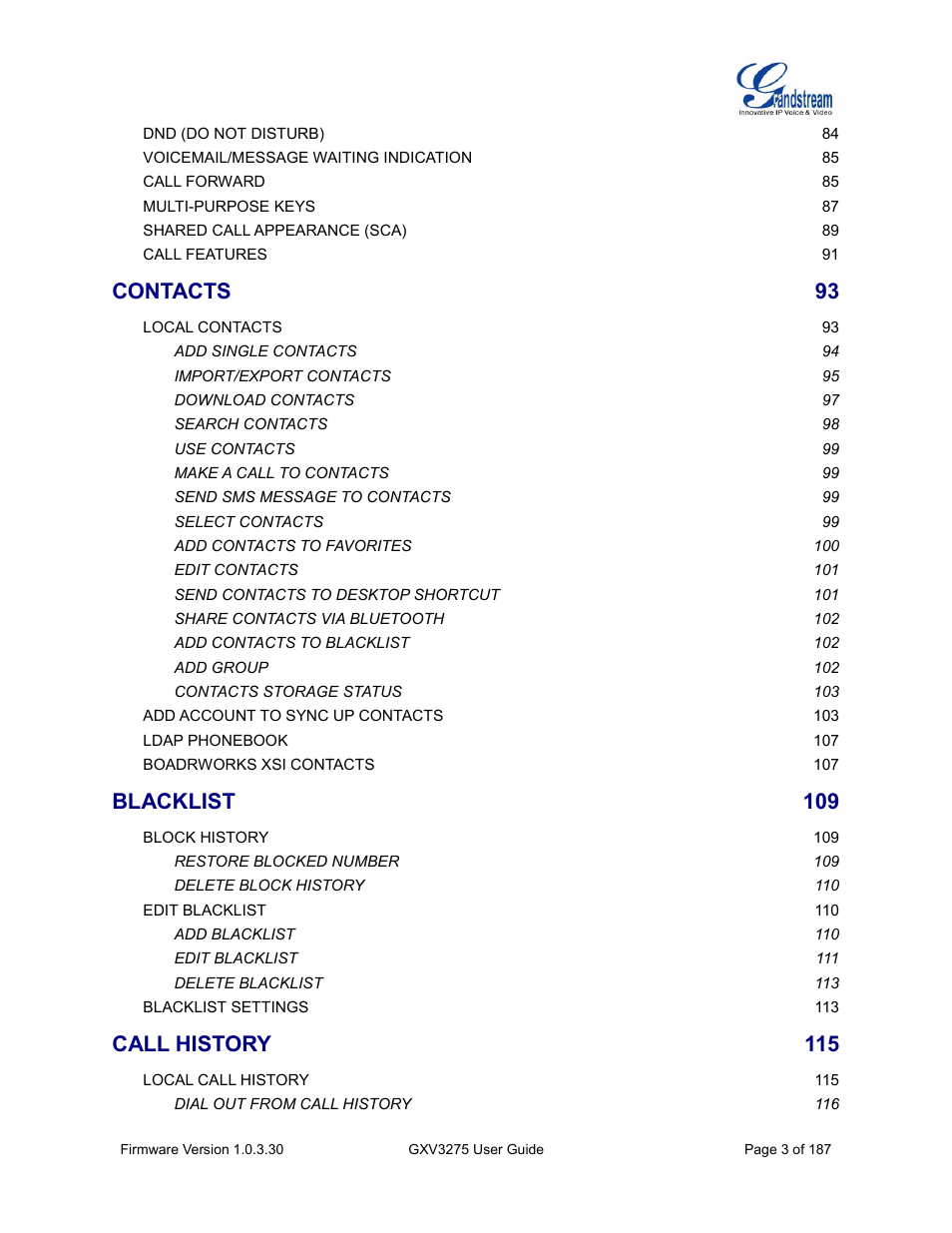 Contacts, Blacklist, Call history | Grandstream GXV3275 User Guide User Manual | Page 5 / 189