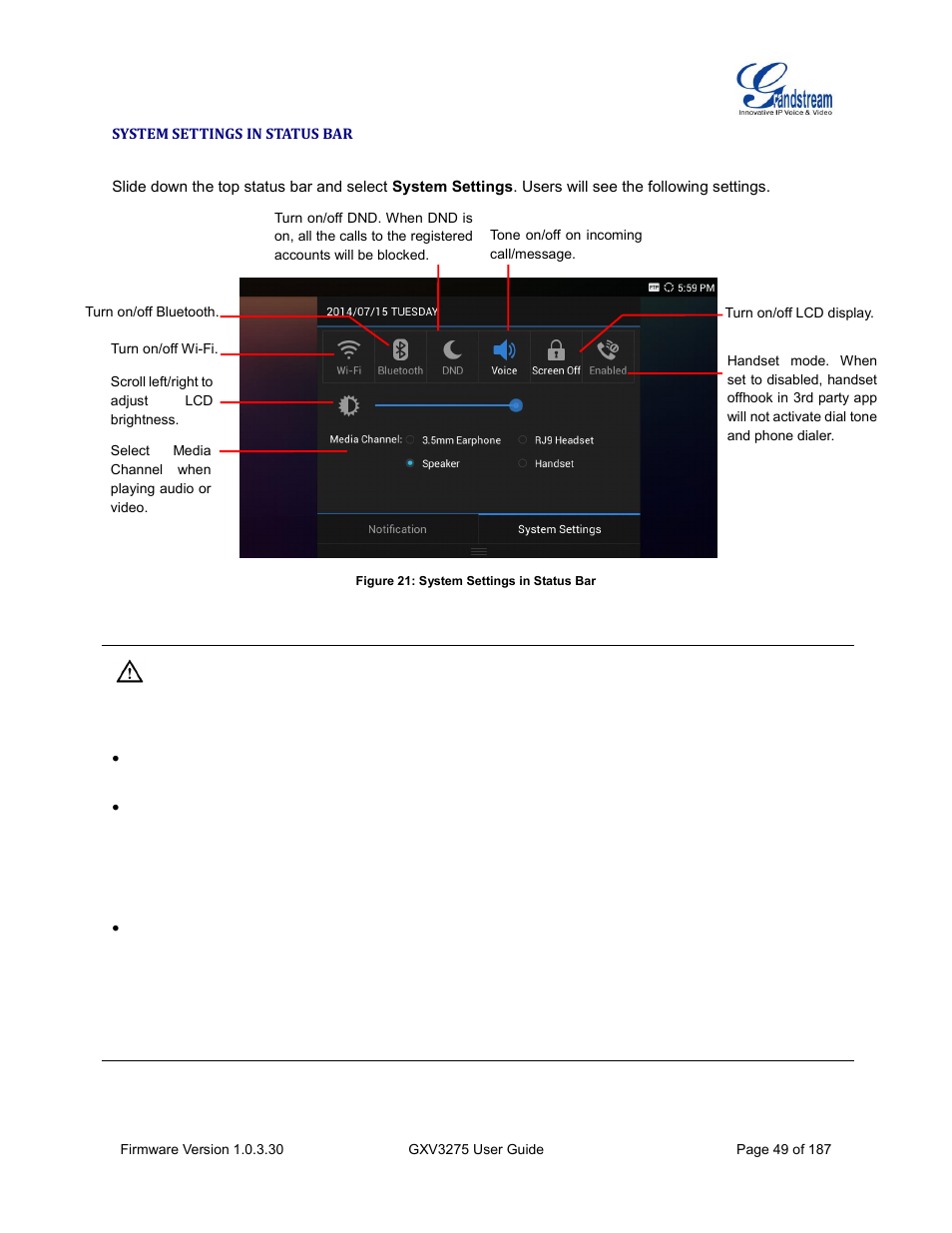 System settings in status bar, Figure 21: system settings in status bar | Grandstream GXV3275 User Guide User Manual | Page 51 / 189