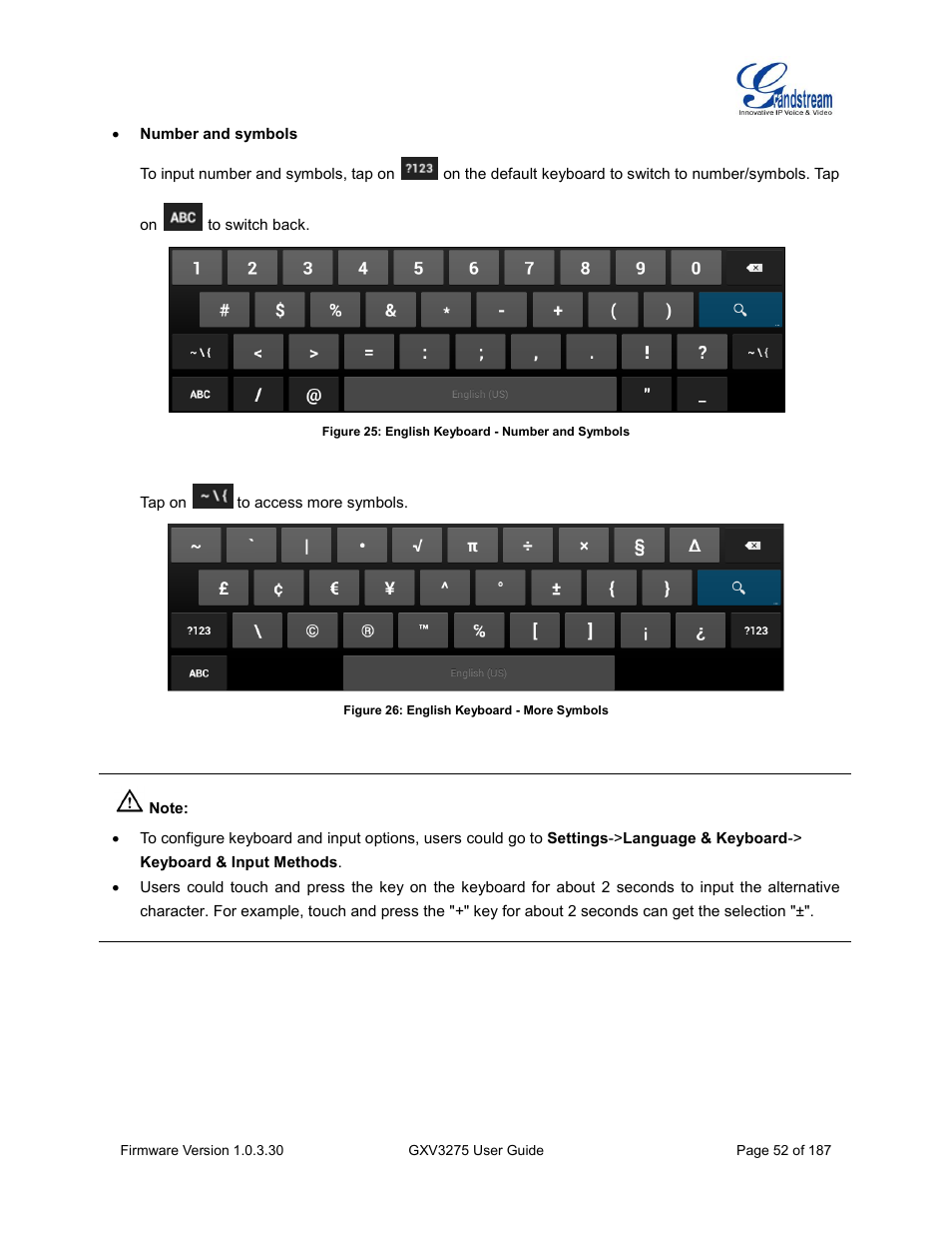 Figure 25: english keyboard - number and symbols, Figure 26: english keyboard - more symbols | Grandstream GXV3275 User Guide User Manual | Page 54 / 189