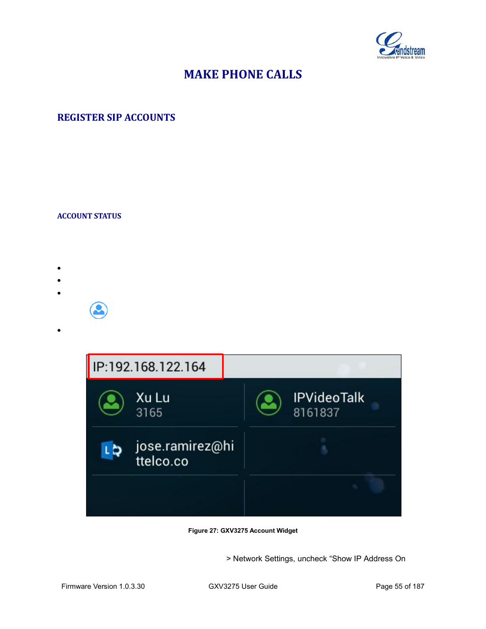 Make phone calls, Register sip accounts, Account status | Figure 27: gxv3275 account widget | Grandstream GXV3275 User Guide User Manual | Page 57 / 189