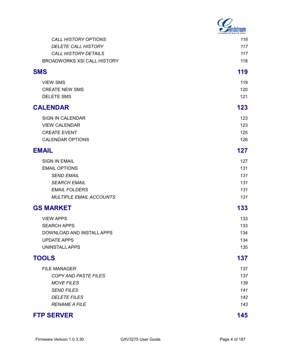 Calendar, Email, Gs market | Tools, Ftp server | Grandstream GXV3275 User Guide User Manual | Page 6 / 189